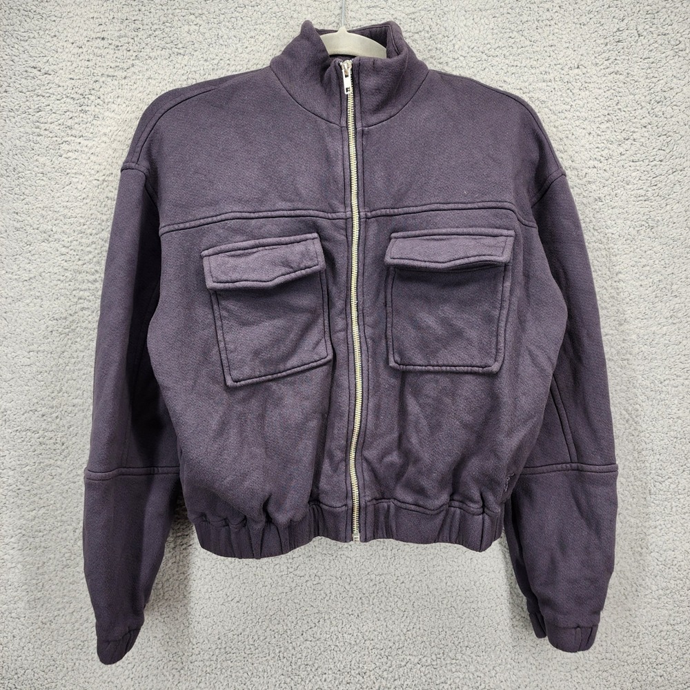 Monrow Womens XS Purple-Gray Cotton Fleece Utility Cropped Zip Up Jacket HJ0306